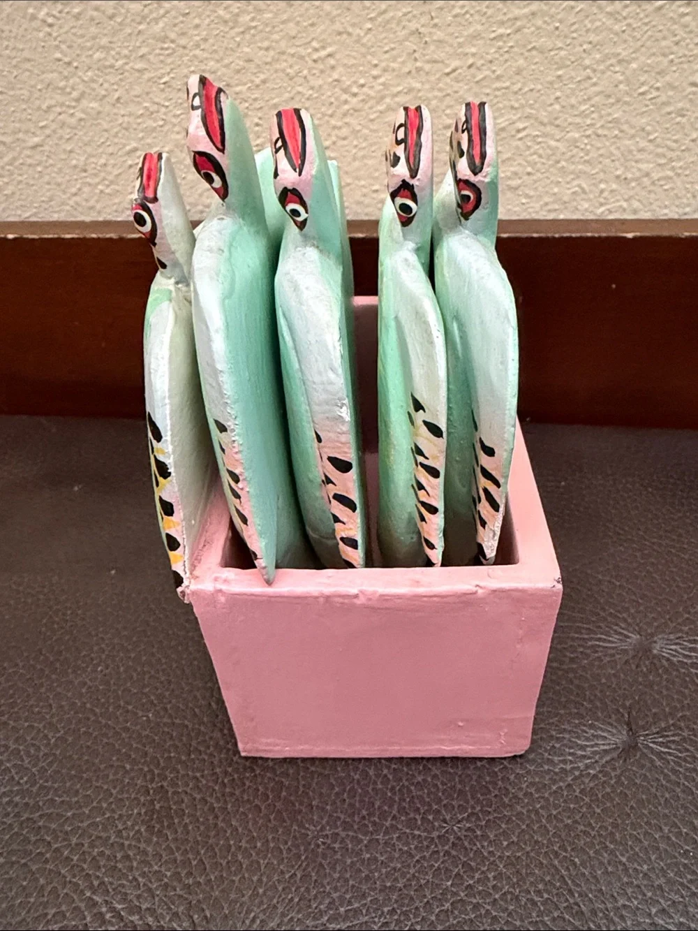 Hand Painted Wooden Folk Art Turtle Coasters Set of 4 in Pastel Green & Pink